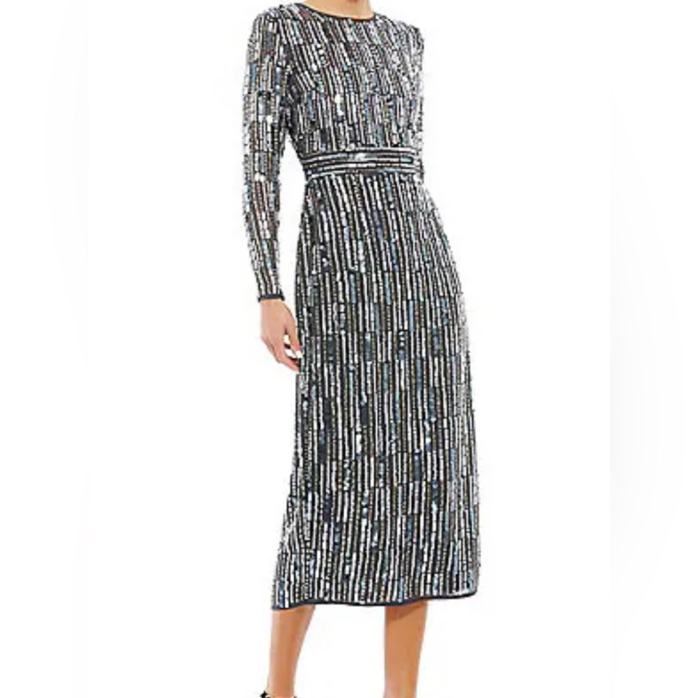 NWT- SIZE 4- MAC DUGGAL 93590 EMBELLISHED HIGH NECK LONG SLEEVE FITTED MIDI